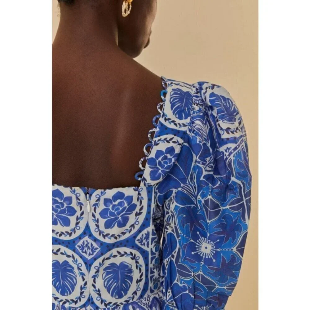 💕FARM RIO💕 Blue Tile Dream Short Sleeve Blouse ~ Floral Large L NWT *DAMAGED*